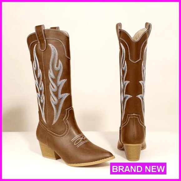 Embroidered Cowboy Boots Chunky Heel Pointed Toe Western Fashion Booties - Picture 7 of 8